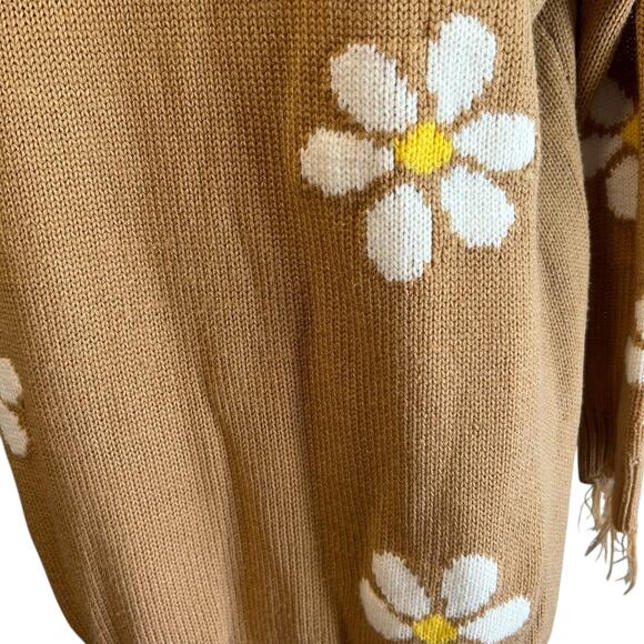 Just Polly New York Brown w/ Daisy Sweater SZ L Distressed V-neck Raw Edge - Picture 4 of 10